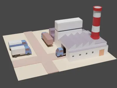 Industrial set factory with chimneys Low-poly 3D model