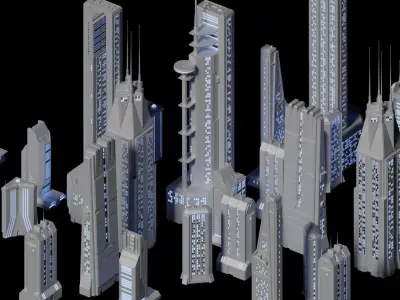 Sci-fi Buildings Kitbash with materials - Futuristic Cyberpunk 3D model