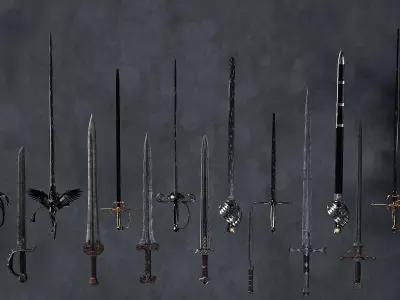 30 Fantasy Sword Models For Games with Textures Low-poly 3D model