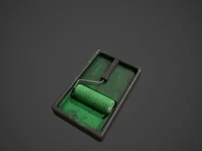 Paint Roller and Tray - Green Paint Low-poly 3D model