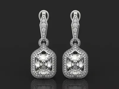 Cushion-Cut Dangle Earrings with Pave Diamond Halos 1204 3D print model