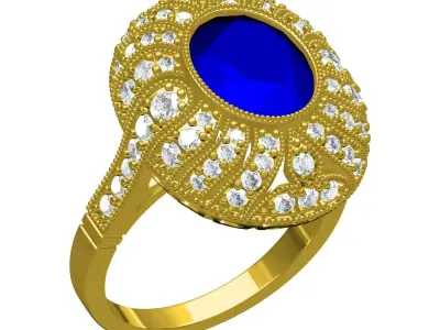 Vintage Blue Oval Diamond Antique Art Deco Engagement Ring 3D print model