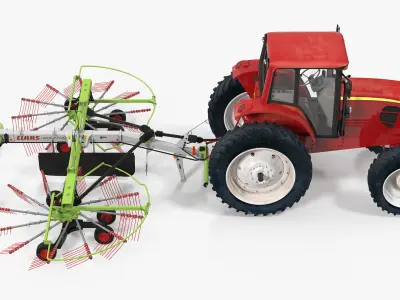 Tractor with Twin Rotor Rake Claas Liner 2700 Rigged 3D model