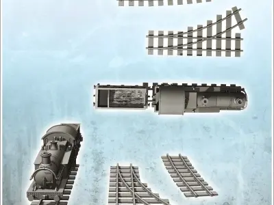 Steam locomotive with coal cars and rail set 4 - Modern WW2 WW1  3D print model