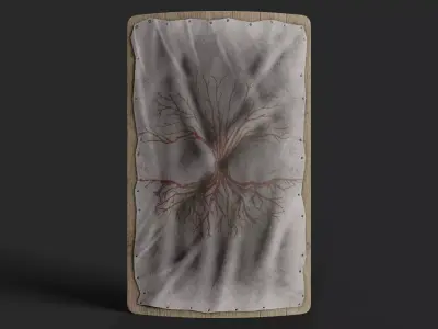 Slavic square leather shield-painted white with red trees symbol Low-poly 3D model