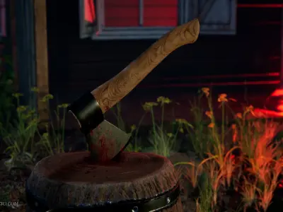 Axe and Wood Trunk Low-poly 3D model