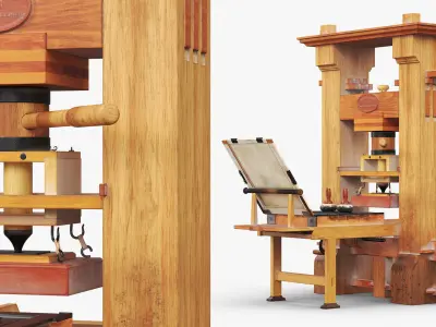 Gutenberg Printing Press with Ink Table Brown Vintage 3D model