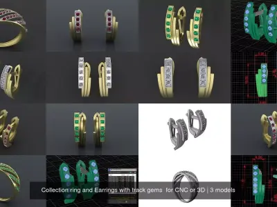 Collection ring and Earrings with track gems  for CNC or 3D 3D Model Pack