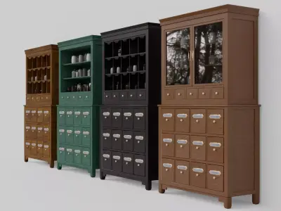 Modular apothecary cabinet with bottles and jars Low-poly 3D model