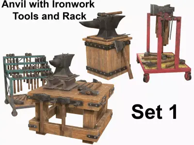 Anvil with Ironwork Tools and Rack Set 1 3D Model Pack