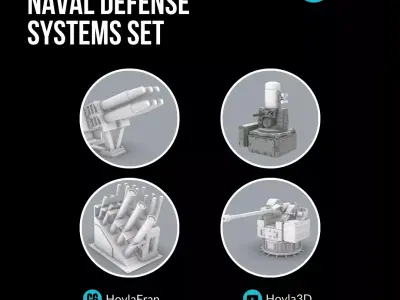 Naval Defense Systems Set - 4 Weapon Models Low-poly 3D model