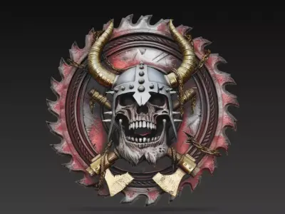 Viking Skull Saw Blade Emblem Axe Warrior Medallion 3D Model 3D print model