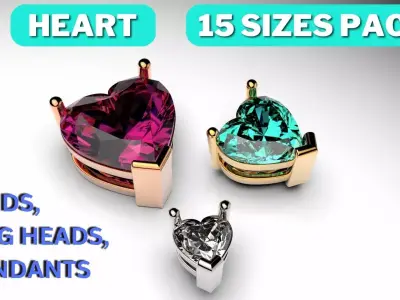Heart shape 3 prong setting stud earrings or ring heads 3D print model