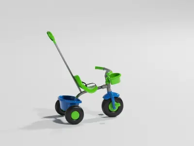 Blue and green plastic toy tricycle with handle for kids S Low-poly 3D model