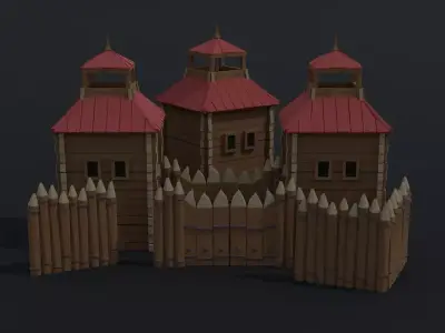 Lowpoly Cartoon wooden fortification Polygonal Style Free 3D model