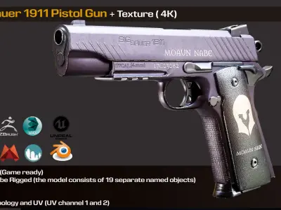 Sig Sauer 1911 Pistol Gun is a game ready  Low-poly 3D model