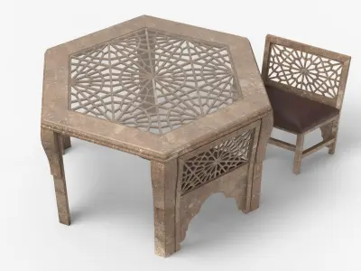 Old Moroccan Carved Wooden Table with Chair 3D model