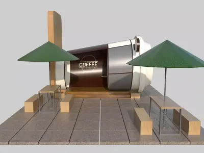Coffee Stall with Seating Area and Umbrellas Low-poly 3D model
