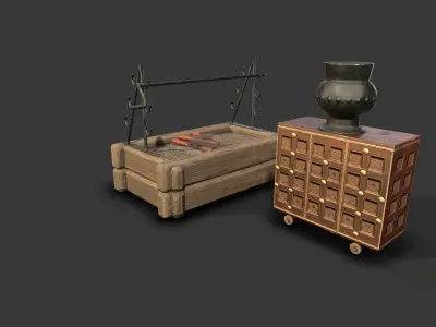 MedievalFurniture two wooden chests and vase Low-poly 3D model