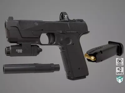 Pistol 03 Black Generic All PBR Unity UE Textures Low-poly 3D model