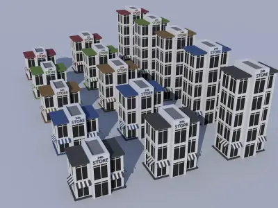 Cartoon Building Set Low Poly Building Commercial 24h Store Low-poly 3D model