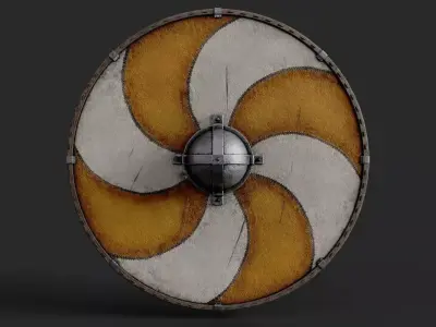 Slavic round leather shield-painted orange and white sun wheel Low-poly 3D model