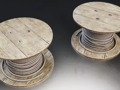 Wooden Cable Reel with Telephone Cable Low-poly 3D model