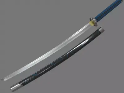 PBR Katana Japanese Sword Blue Low-poly 3D model