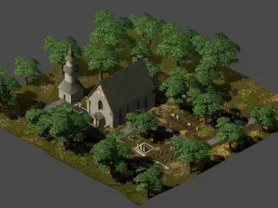 Medieval Church and Graveyard Low-poly 3D model