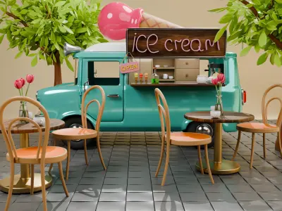 Isometric Coffee and Ice Cream Truck  Low Poly Stylized 3D Scene Low-poly 3D model