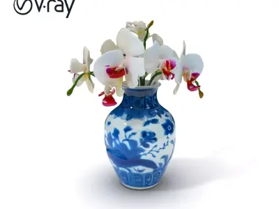 Elegant Blue Porcelain Vase with Orchids Model Pack Low-poly 3D model