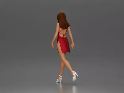 Woman in Red Dress and Heels Walking with Confident Stride 3D print model