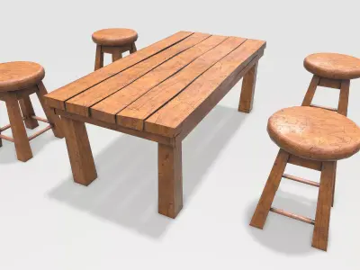 Wooden Stool and Table Low-poly 3D model
