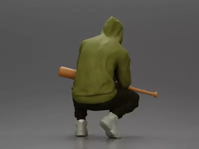 Gangster crouching low in green hoodie holding bat planning move 3D print model