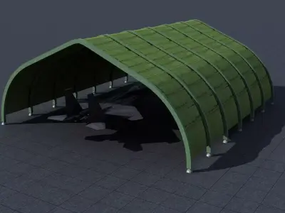 Military Airport Shed - simple aircraft hangar - green Low-poly 3D model