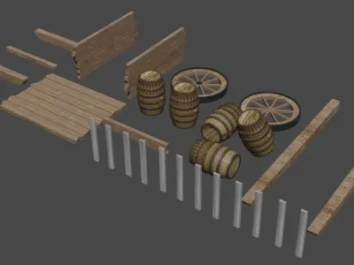 wooden cart with barrels Low-poly 3D model Free low-poly 3D model