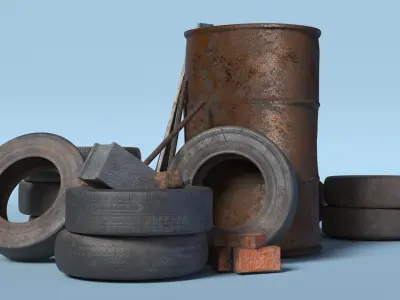 Rusty Barrel With Tires And Rubble 3D model