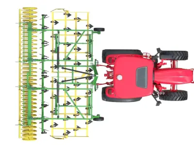 Tractor and Agricultural Cultivator  Low-poly 3D model