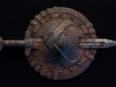 Medieval Rusty Shield with Sword Low-poly 3D model