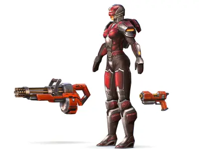 Cartoon Sci-Fi Cyborg Drone Heavy Machine Gunner Low-poly 3D model 2