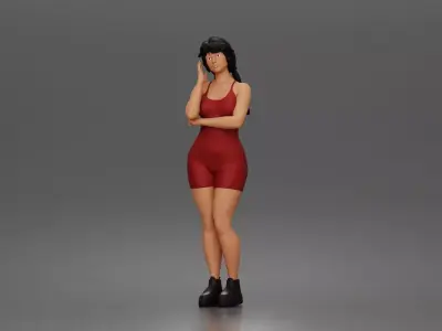 Thoughtful woman stands hand on cheek wearing shorts boots 3D print model
