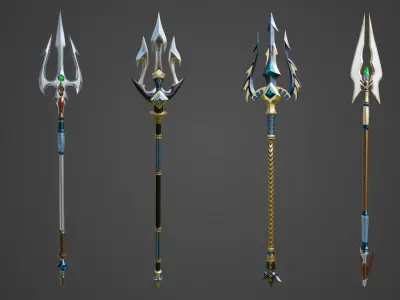  4 Fantasy Tridents All PBR Unity UE Textures Included 