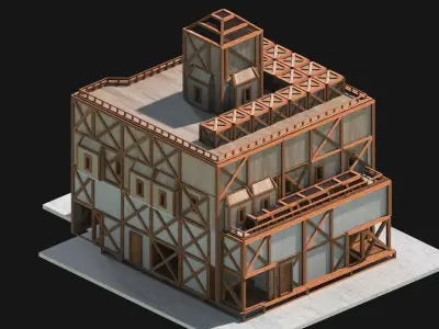 Medieval Low Poly Building Castle Wooden Village Stone House 03 Low-poly 3D model