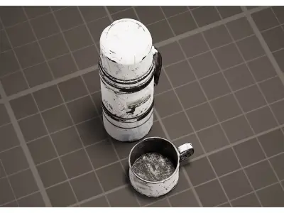 Retro old White Insulated Metal Thermos Flask Mug Set Low-poly 3D model