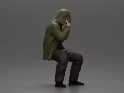 Man in hooded jacket sits alone holding gun feeling troubled 3D print model