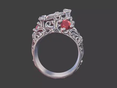 asymetrycal gothic silver ring trillion gemstone ring 3D print model