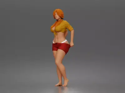 woman adjusting shorts standing barefoot in relaxed summer  3D print model