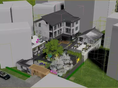 Chinese villa landscape courtyard Japanese villa 3D model