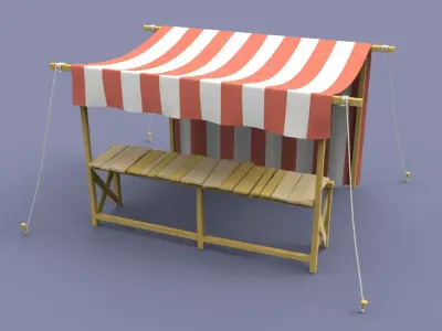Marketplace table and chairs with striped canopy 3D model
