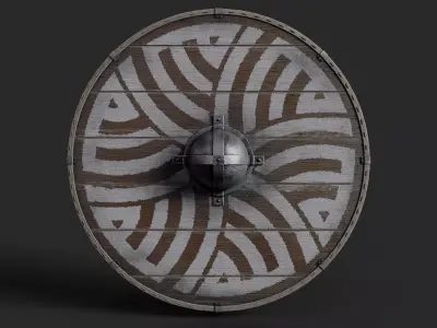 Slavic round wooden shield-painted with nordic symbol Low-poly 3D model